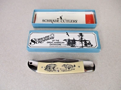 RARO Vintage Schrade EUA 524SC Scrimshaw Faca Ursos Tio Henry Temporizador Antigo - Imagem 1 de 4