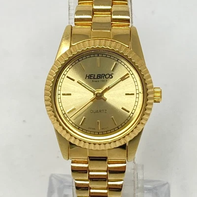 Helbros Watch Women 24mm Gold Tone Round Fluted Bezel New Battery 7.5" - Image 1 of 4