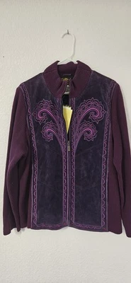 Bob Mackie Wearable Art Purple Leather Embroidered Jacket Large Full Zip NWT - Image 1 of 4