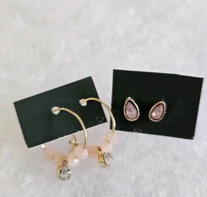 2 Pairs of New Girly Pink & Gold Tone Earrings - Stud & Hoop Nickel Free - Picture 1 of 6