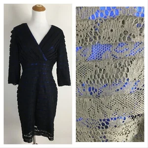 ADRIANNA PAPELL Womens sz 8P Black Layered Lace Blue Lined 3/4 Sleeve Dress - Picture 1 of 11