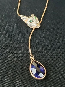 Cote D'Argent Rose Gold Silver 925 32" Adjustable Chain Necklace Panther Blue P - Picture 1 of 12