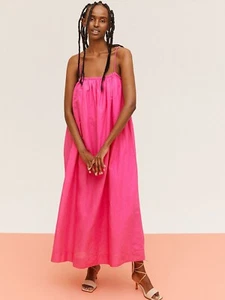NWT H&M Linen Blend Pink Voluminous Maxi Dress Pleated Size Medium - Picture 1 of 7