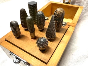 Tri-Chem Corp 9pc Double Cut Burr Set 1/4" Shaft Wooden Box - Picture 1 of 4