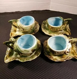 Vintage Giappone tazza da tè piattino conchiglia ostrica guscio verde blu lotto di 4 - Foto 1 di 12