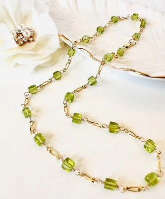 Solid 14k Yellow Gold Genuine Peridot Cube Station Chain Necklace, New 16.75” - Image 1 of 4