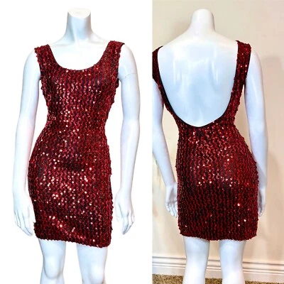 Vintage 80’s RED SEQUIN BODYCON MINI DRESS S Party Prom Disco Slip Wiggle Sexy - Image 1 of 4