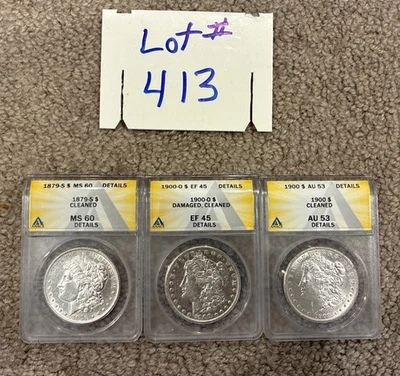 Morgan Dollar - Lot Of 3- 90% ANACS Cleaned 1879S-1900O-1900.  See Pics - Image 1 of 4