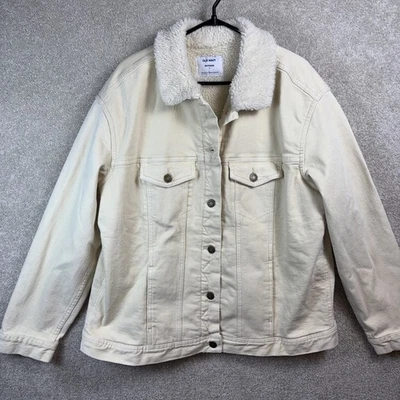 Chaqueta vaquera antigua azul marino forrada Sherpa para mujer grande crema de gran tamaño boyfriend denim Foto 1 de 4