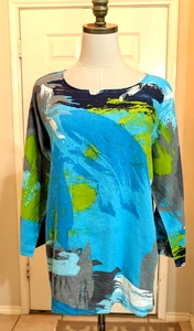 Top túnica Ali Miles para mujer talla M azul estampado abstracto artístico lino algodón - Imagen 1 de 6