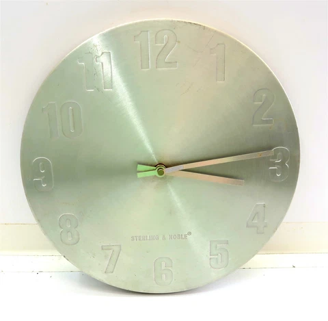 STERLING & NOBLE Wall Clock in Spun Aluminum 12" Across Quartz ~ Works Great!! Cover