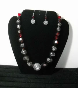 New w/o Tag~Ruby Red/Steel Gray Chunky Necklace+Rhinestone Orb Leverbk Earrings - Picture 1 of 5