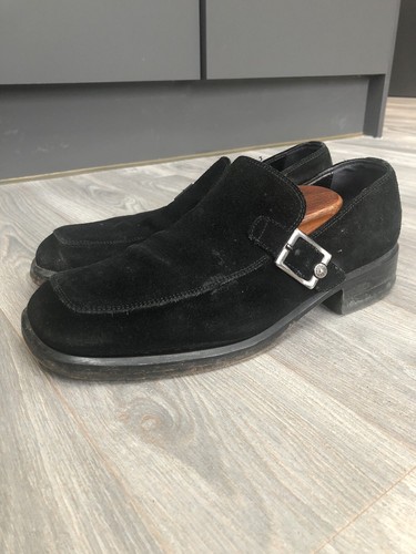 Scarpe eleganti uomo vintage UK 9 Versace anni 90 Y2K nere scamosciate fibbia cromata