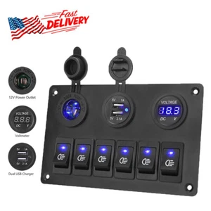 6 Gang Blue LED Toggle Rocker Switch Panel Dual USB for Car Boat Marine RV Truck - Picture 1 of 14
