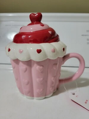Cupcake Valentines Day Mug with Topper Embossed Hearts Pink/Red/White L@@K Cutie - Image 1 of 4