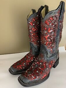 Corral crystal & red sequin Leather Overlay Cowboy boots Studs Womens Size 10 M 