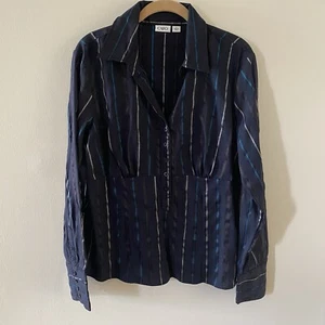 Vintage CATO Black Blue Striped 1/2 Button Down Long Sleeve Blouse Size L Large - Picture 1 of 9