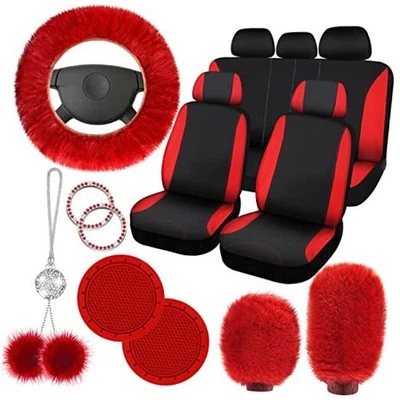  17 Pcs Car Seat Cover Full Set for Car Front Rear Fluffy Steering Wheel Red - Image 1 of 4