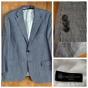 Corneliani Men’s Blue Houndstooth Linen/Wool Jacket Size EU58R/UK48 Blazer - Picture 1 of 10