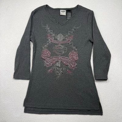 Camiseta Harley Davidson Top Térmica Acanalada Rosa Floral Gris Rosa Encaje Y2K Med Foto 1 de 4