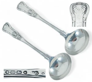 Antique Victorian 1845 Pair of Sterling Silver Sauce Gravy Ladles Kings Pattern - Foto 1 di 10