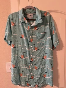 Tipsy Elves Button Up Shirt Mens XL LightBlue Waterskiing Squirrel Short Sleeve - Picture 1 of 3