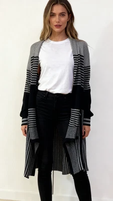 St. John’s Bay Cardigan Open Front Women’s 3X Gray Black Striped  100% Cotton - Image 1 of 4