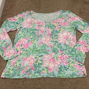 Lilly Pulitzer Gr. XL Henley Pyjama Oberteil fruchtiger Flamingo Print geblümt rosa - Bild 1 von 7