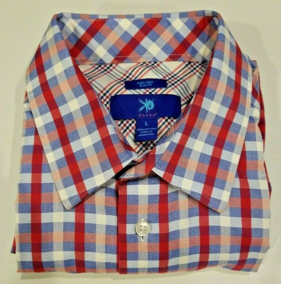 Egara Hombres Botón Delantero Puño Abatible Manga Larga Cuadros Rojo Blanco Azul Grande Delgado Foto 1 de 4