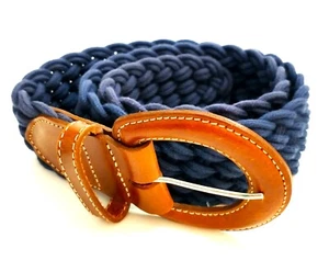 Lands' End Dark Blue Woven Fashion Belt With Leather Buckle Size M Made In USA - Picture 1 of 5