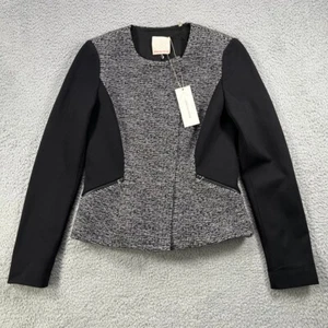 Rebecca Taylor Jacket Women 4 Black Tweed Twill Full Zip Leather Trim - Picture 1 of 20
