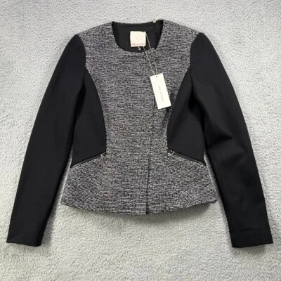 Rebecca Taylor Jacket Women 4 Black Tweed Twill Full Zip Leather Trim - Image 1 of 4