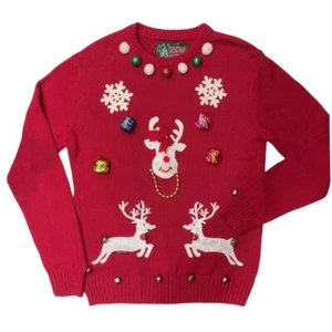 UGLY CHRISTMAS SWEATER Women's Small Red Sweater Embellished Crew Neck Bells - Picture 1 of 15