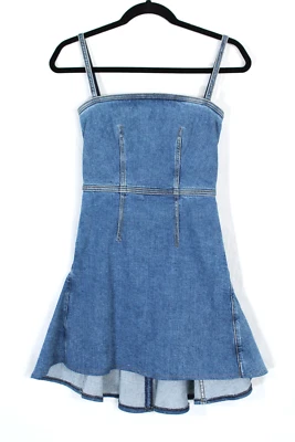 ALEXANDER McQUEEN 2023 Blue Cotton Denim Fluted Hem Mini Dress 36 - Image 1 of 4