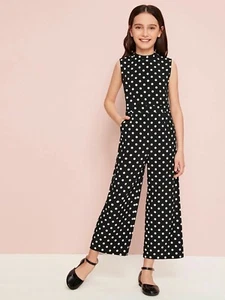 SHEIN Girls Slant Pocket White Polka Dot Palazzo Sleeveless Black Jumpsuit SZ 9 - Picture 1 of 3