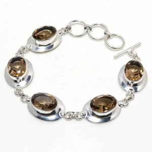 Smoky Quartz Gemstone 925 Sterling Silver Handmade Jewelry Bracelet Sz 7-8" - Picture 1 of 1