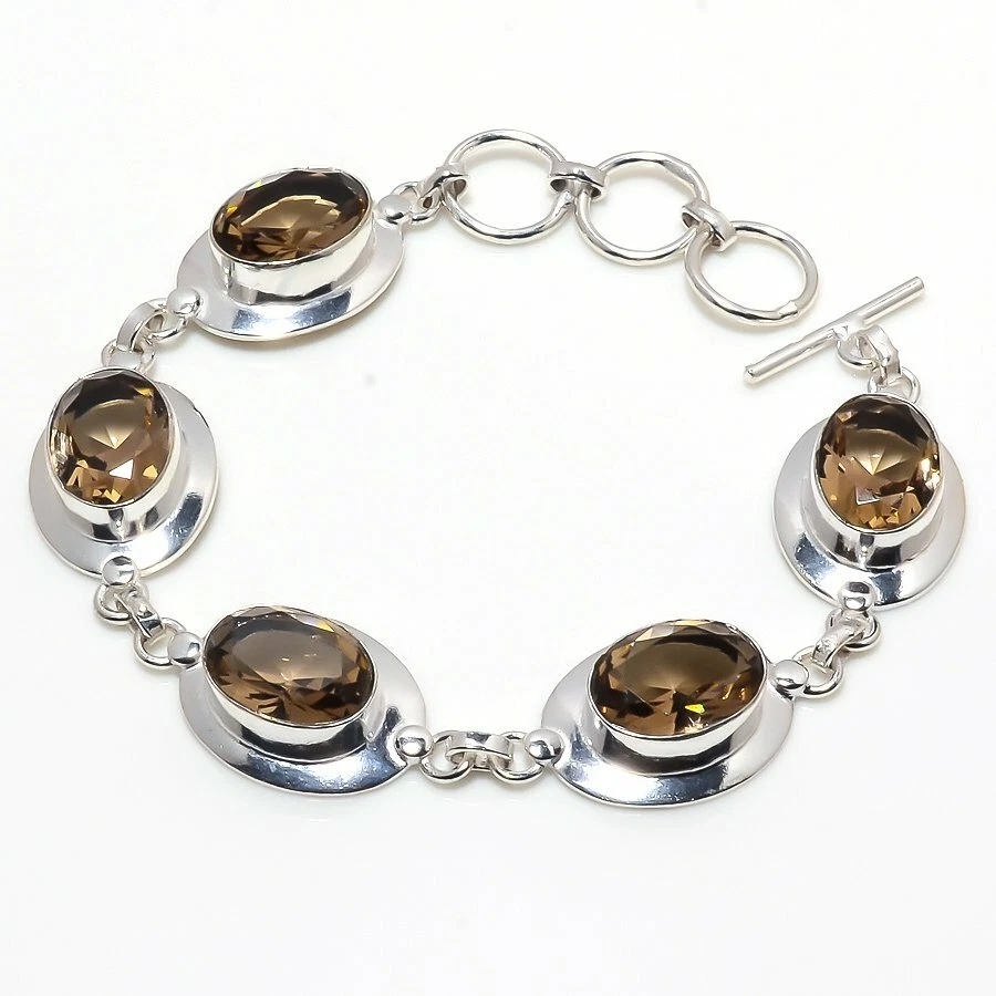 Smoky Quartz Gemstone 925 Sterling Silver Handmade Jewelry Bracelet Sz 7-8" - Image 1 of 1