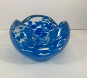 Vintage Blue Bubble Hand Blown Art Glass Heavy Cigar Ash Tray ~ Bowl - Picture 1 of 3
