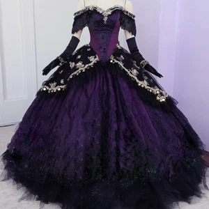 Gothic Wedding Dresses Detachable Sleeves Off Shoulder Black Purple Bridal Gowns - Picture 1 of 9