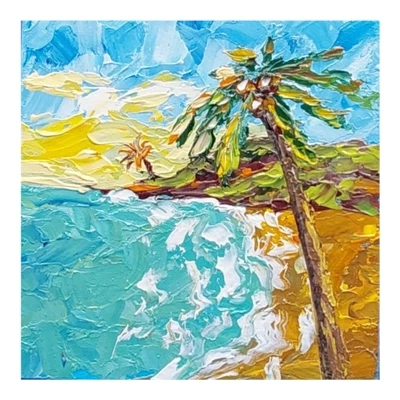 Tropics Original Oil Painting Seascape Palma Beach Wall Art Handmade 4x4 in - image 1 of 4