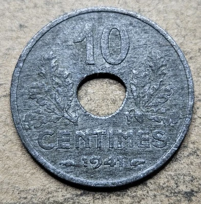 France 10 Ten Centimes - 1941 - French Vichy State - Zinc Coin - KM# 898.1 - Image 1 of 2