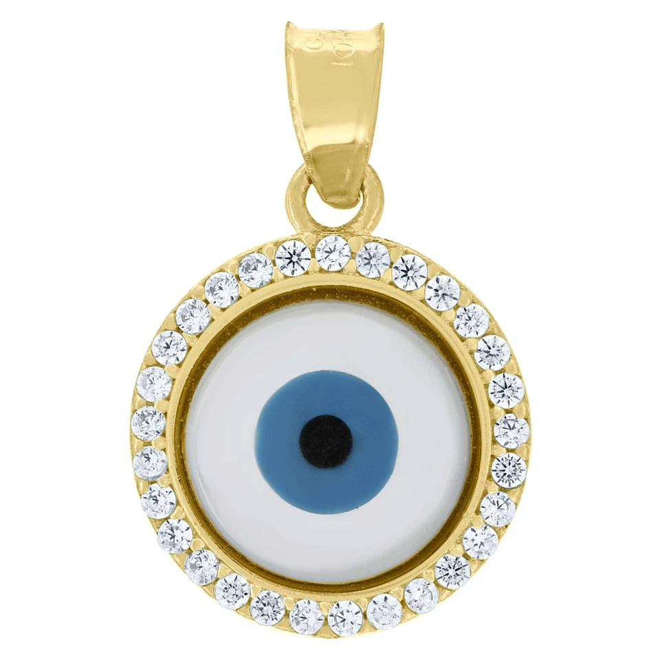 10K Yellow Gold CZ Unisex 0.75" Good Luck Round Charm Enameled Evil Eye Pendant - Image 1 of 1