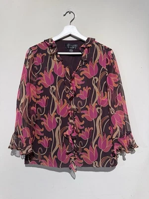 Spenser Jeremy Blouse Women 8 Floral Silk Sheer Ruffle Trim Boho Artsy Y2K Style - Image 1 of 4