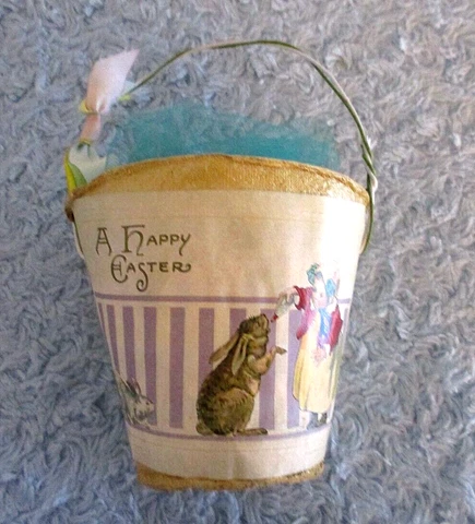 Vintage France Paper Mache Small Easter Greeting Wire Handle Basket Pail Cover