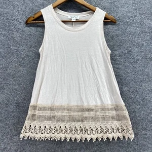 Studio Tank Women PS Petite Beige Geometric Crochet Sleeveless Linen Wide Strap - Picture 1 of 9