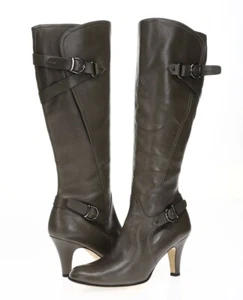 ANYI LU Women's Gray Brown Leather Knee High Heel Boots Sz 39.5 - Picture 1 of 6