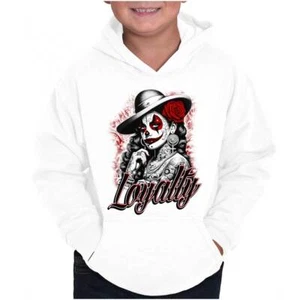 Cool Urban Loyalty Tattooed Chicana Clown Youth Hooded Sweatshirt Boy or Girl - Picture 1 of 7
