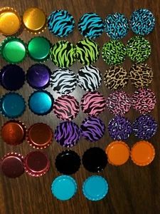 New 38 BOTTLE CAPS mix colors and design on bothsides for craft, Jewelry etc - Picture 1 of 5