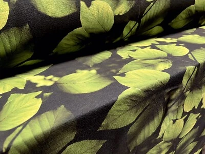 Bubble Crepe Woven Dress Fabric, Per Metre - Leaves print - Black & Green - Image 1 of 3