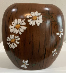 Vtg Oval Ceramic Wood Grain Daisy Floral Botanical Vase 1960”s 70”s 8 1/4” H & W - Picture 1 of 7